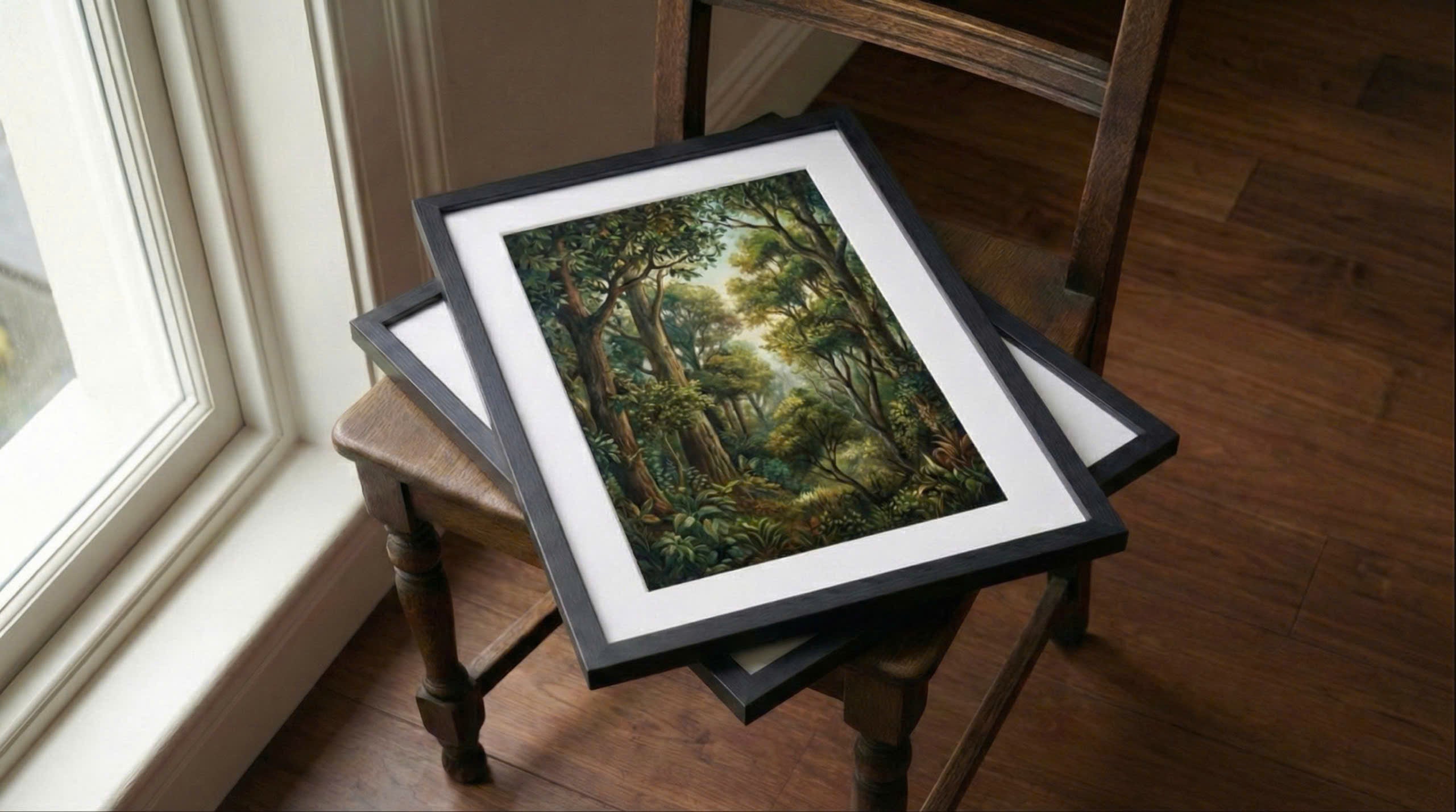 Framed artwork of a forest scene on a wooden stool by a window.