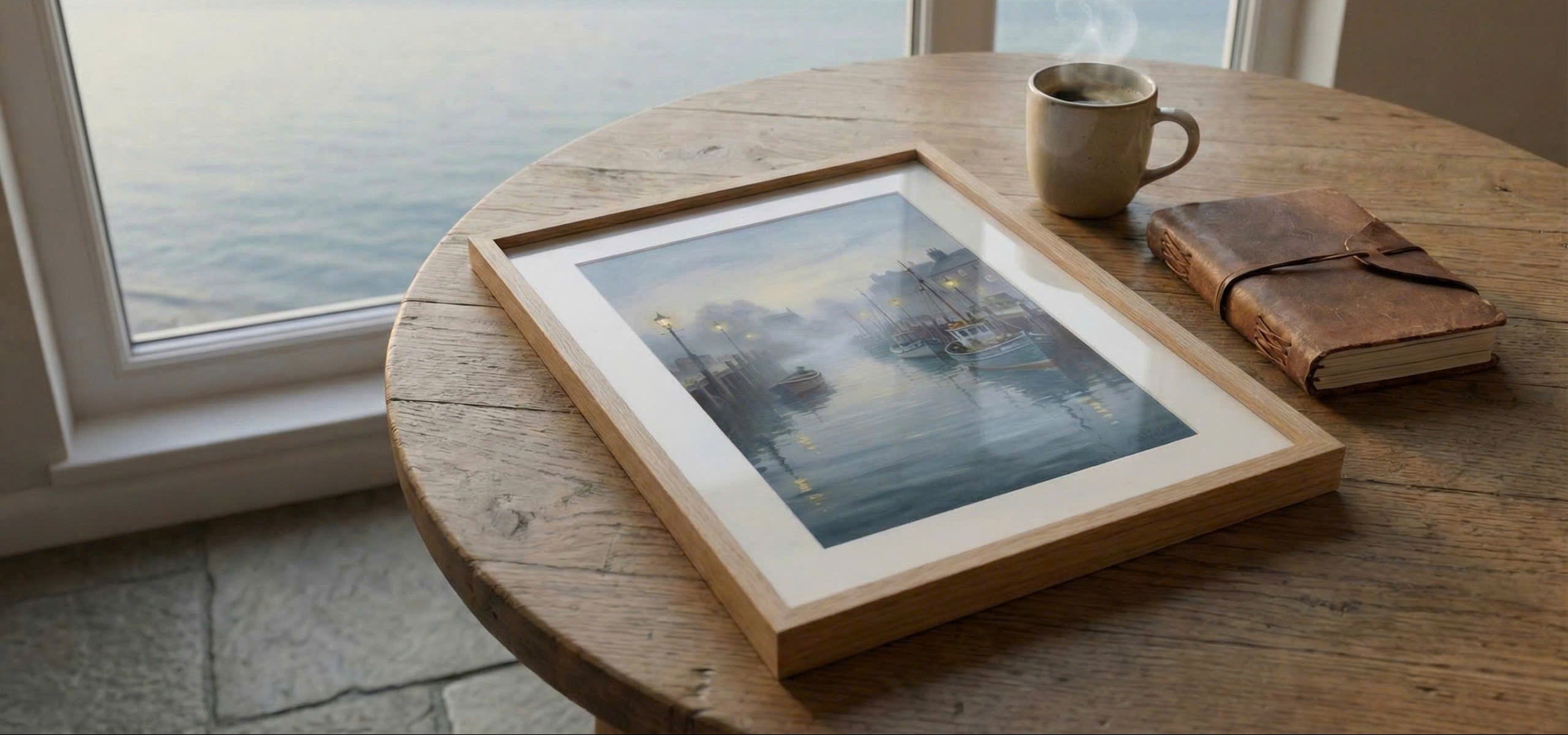 Framed artwork on a wooden table with a cup and notebook, by a window with a view of water.